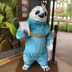 Sky Blue Sloth mascot costume character dressed with a Empire Waist Dress and Wallets