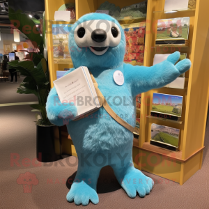 Sky Blue Sloth mascot costume character dressed with a Empire Waist Dress and Wallets