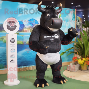 Black Woolly Rhinoceros mascot costume character dressed with a One-Piece Swimsuit and Coin purses