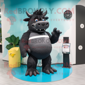 Black Woolly Rhinoceros mascot costume character dressed with a One-Piece Swimsuit and Coin purses