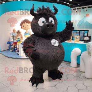 Black Woolly Rhinoceros mascot costume character dressed with a One-Piece Swimsuit and Coin purses