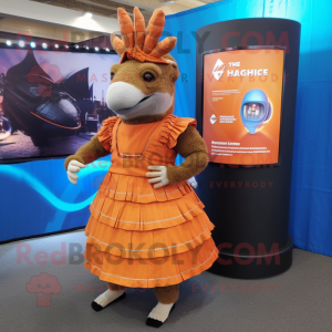 Orange Armadillo mascot costume character dressed with a A-Line Skirt and Shoe laces