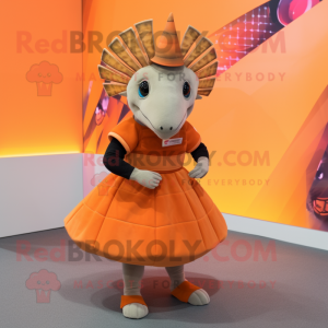 Orange Armadillo mascot costume character dressed with a A-Line Skirt and Shoe laces