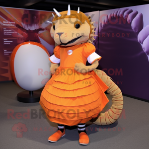 Orange Armadillo mascot costume character dressed with a A-Line Skirt and Shoe laces
