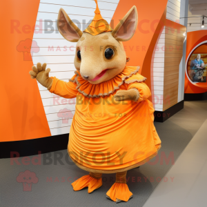 Orange Armadillo mascot costume character dressed with a A-Line Skirt and Shoe laces