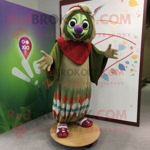 Olive Evil Clown mascot costume character dressed with a Board Shorts and Shawls