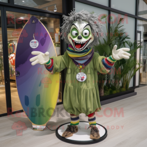 Olive Evil Clown mascot costume character dressed with a Board Shorts and Shawls