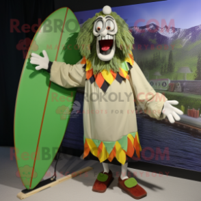 Olive Evil Clown mascot costume character dressed with a Board Shorts and Shawls