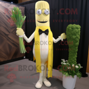 Yellow Asparagus mascot costume character dressed with a Wedding Dress and Bow ties