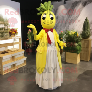 Yellow Asparagus mascot costume character dressed with a Wedding Dress and Bow ties