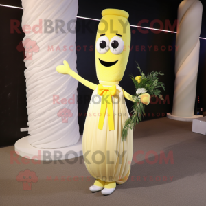 Yellow Asparagus mascot costume character dressed with a Wedding Dress and Bow ties