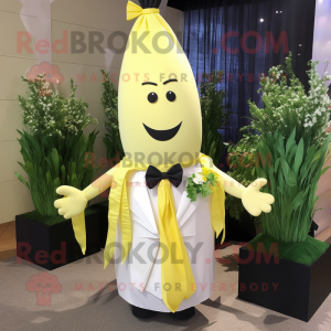 Yellow Asparagus mascot costume character dressed with a Wedding Dress and Bow ties