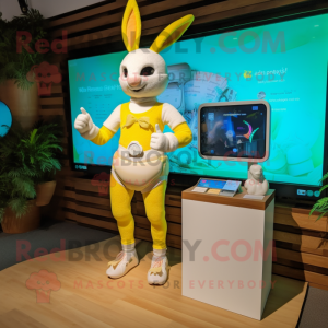 Yellow Wild Rabbit mascot costume character dressed with a Bikini and Digital watches