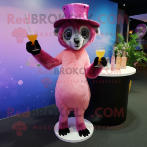 Pink Lemur mascot costume character dressed with a Cocktail Dress and Hat pins