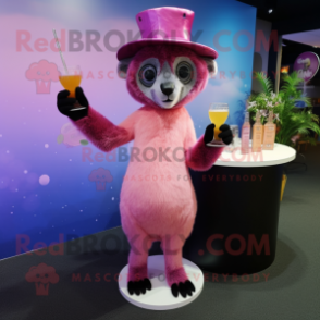 Pink Lemur mascot costume character dressed with a Cocktail Dress and Hat pins