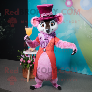 Pink Lemur mascot costume character dressed with a Cocktail Dress and Hat pins