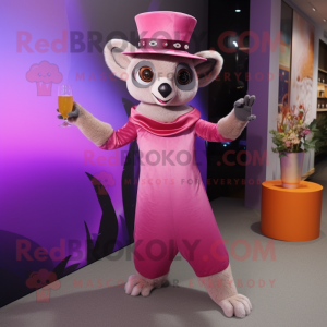 Pink Lemur mascot costume character dressed with a Cocktail Dress and Hat pins