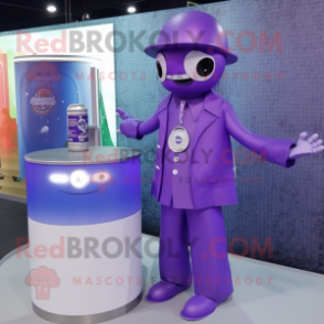 Lavender Soda Can mascot costume character dressed with a Coat and Digital watches