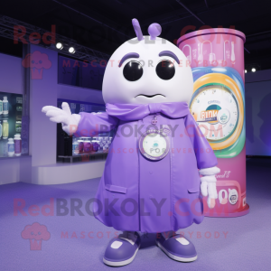 Lavender Soda Can mascot costume character dressed with a Coat and Digital watches