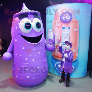 Lavender Soda Can mascot costume character dressed with a Coat and Digital watches