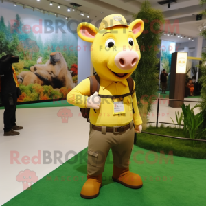 Yellow Sow mascot costume character dressed with a Cargo Pants and Digital watches