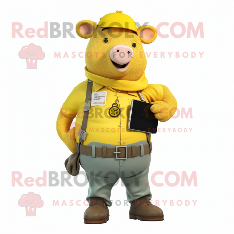 Yellow Sow mascot costume character dressed with a Cargo Pants and Digital watches Yellow Sow mascot costume character dressed with a Cargo Pants and Digital watches