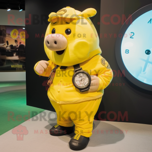 Yellow Sow mascot costume character dressed with a Cargo Pants and Digital watches