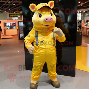 Yellow Sow mascot costume character dressed with a Cargo Pants and Digital watches