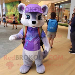 Lavender Marten mascot costume character dressed with a Bermuda Shorts and Backpacks