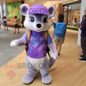 Lavender Marten mascot costume character dressed with a Bermuda Shorts and Backpacks