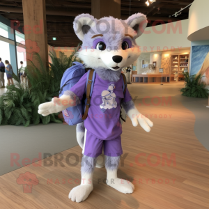 Lavender Marten mascot costume character dressed with a Bermuda Shorts and Backpacks