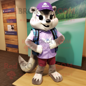 Lavender Marten mascot costume character dressed with a Bermuda Shorts and Backpacks