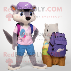 Lavender Marten mascot costume character dressed with a Bermuda Shorts and Backpacks