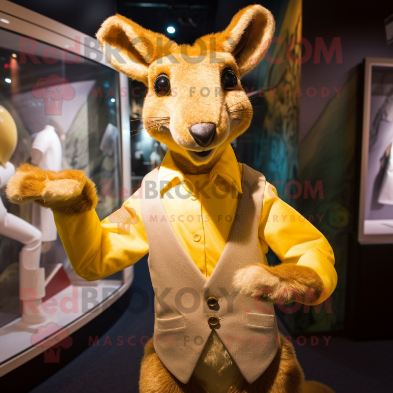 Gold Kangaroo mascot costume character dressed with a Waistcoat and Cufflinks