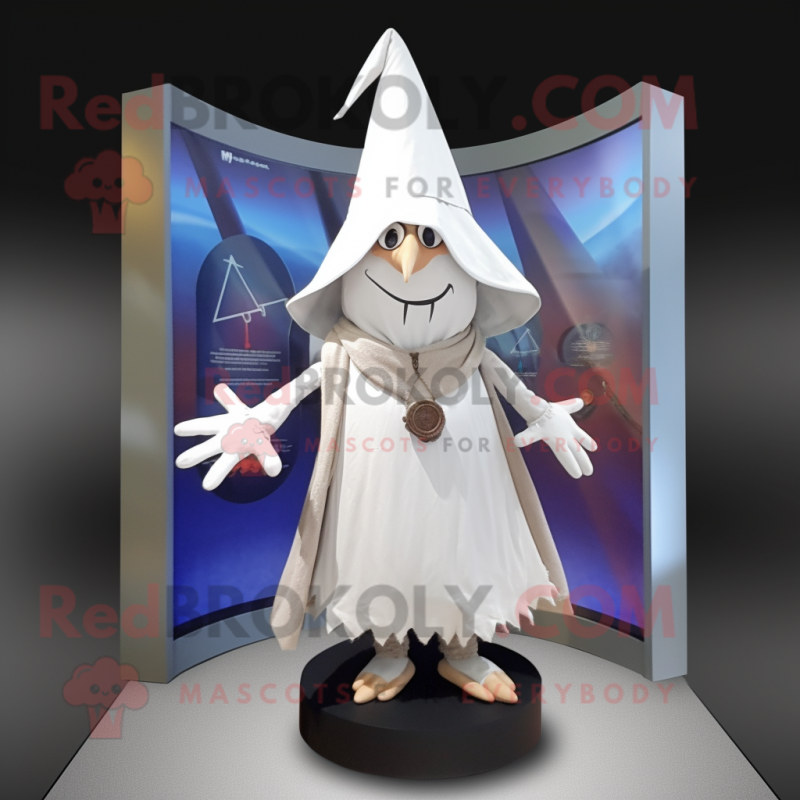 White Witch'S Hat mascot costume character dressed with a Cargo Shorts and Scarf clips White Witch'S Hat mascot costume character dressed with a Cargo Shorts and Scarf clips
