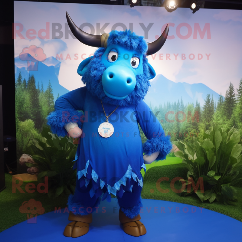 Blue Buffalo mascot costume character dressed with a Playsuit and Earrings