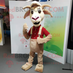 Beige Goat mascot costume character dressed with a Corduroy Pants and Brooches
