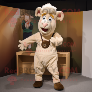 Beige Goat mascot costume character dressed with a Corduroy Pants and Brooches