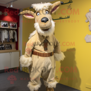 Beige Goat mascot costume character dressed with a Corduroy Pants and Brooches