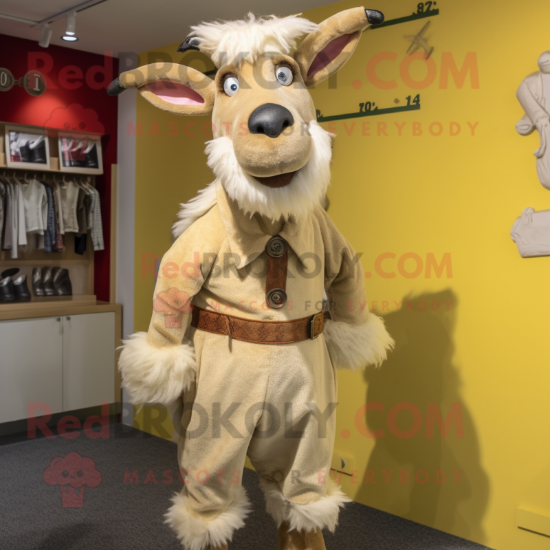 Beige Goat mascot costume character dressed with a Corduroy Pants and Brooches Beige Goat mascot costume character dressed with a Corduroy Pants and Brooches