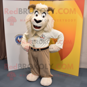 Beige Goat mascot costume character dressed with a Corduroy Pants and Brooches