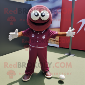 Maroon Petanque Ball mascot costume character dressed with a T-Shirt and Foot pads