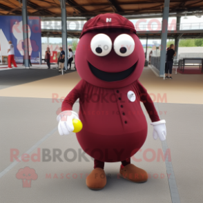 Maroon Petanque Ball mascot costume character dressed with a T-Shirt and Foot pads