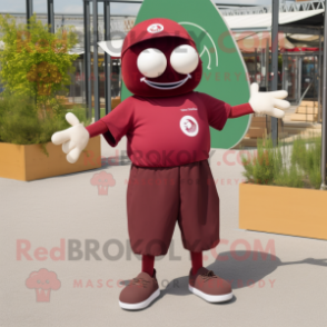 Maroon Petanque Ball mascot costume character dressed with a T-Shirt and Foot pads