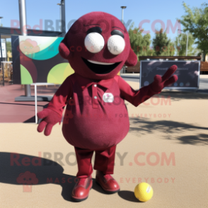 Maroon Petanque Ball mascot costume character dressed with a T-Shirt and Foot pads