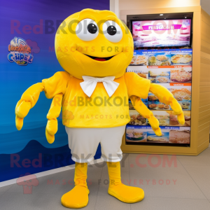 Yellow Crab Cakes mascot costume character dressed with a Capri Pants and Ties