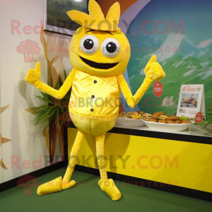 Yellow Crab Cakes mascot costume character dressed with a Capri Pants and Ties