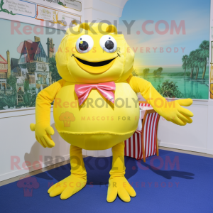 Yellow Crab Cakes mascot costume character dressed with a Capri Pants and Ties