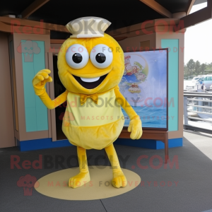 Yellow Crab Cakes mascot costume character dressed with a Capri Pants and Ties