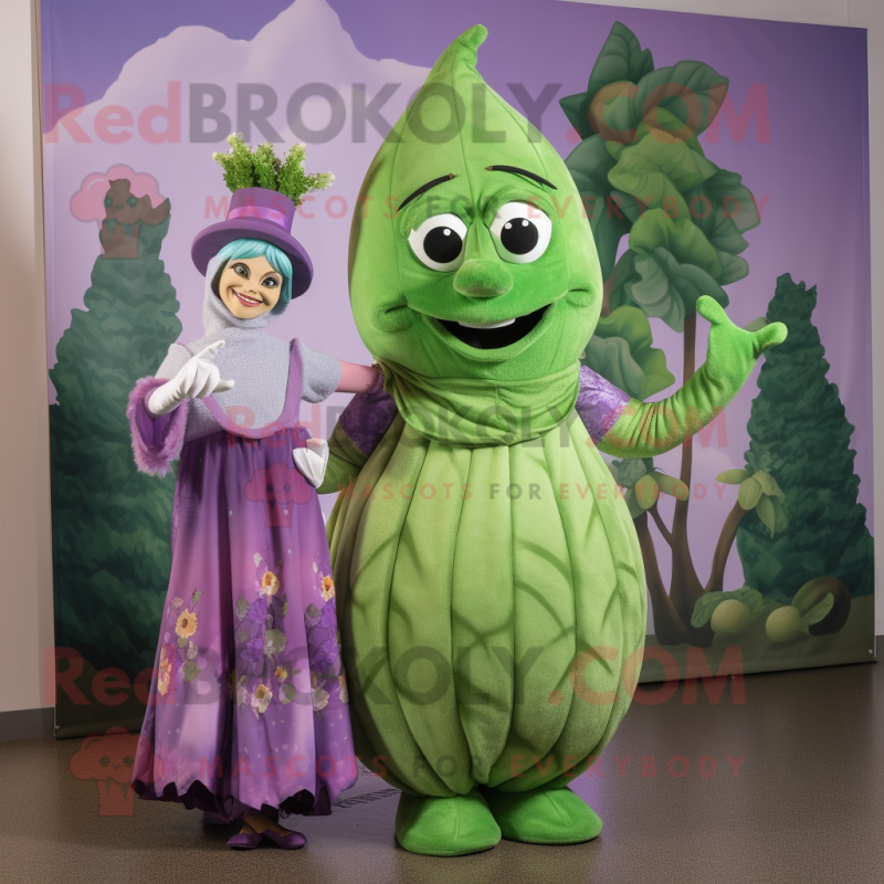Lavender Beanstalk mascot costume character dressed with a Ball Gown and Mittens Lavender Beanstalk mascot costume character dressed with a Ball Gown and Mittens